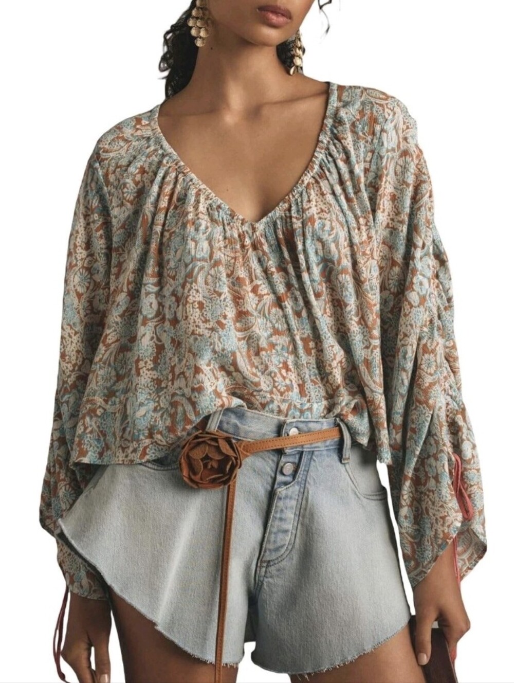 Anthropologie Floral Puff-Sleeve Peasant Blouse Womens S Boho Retro 90s Y2K